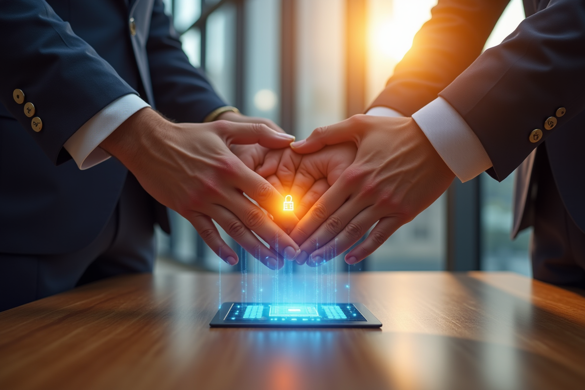 Mains de collègues divers protégeant une puce de données lumineuse