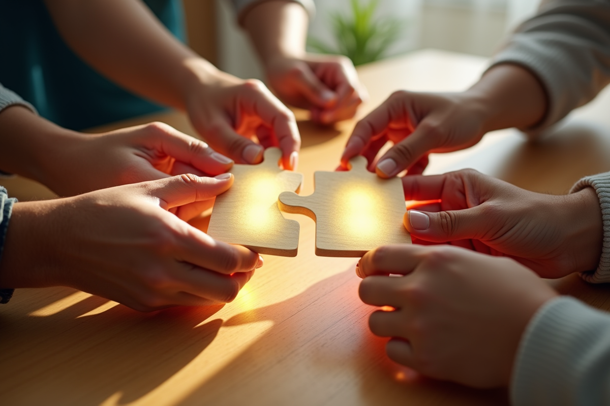 Mains diverses assemblant un puzzle lumineux sur une table