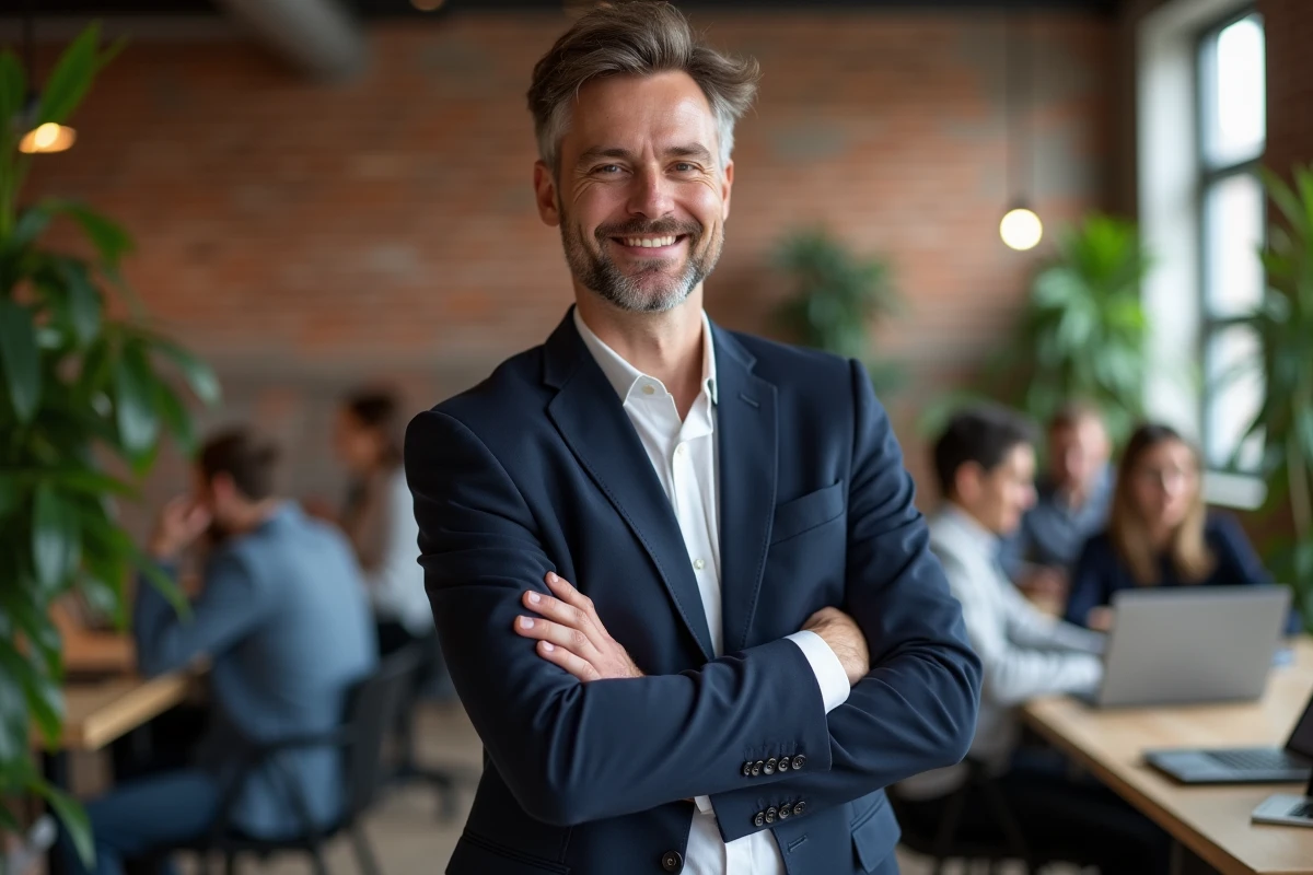 Jeune manager souriant dans un espace de coworking moderne