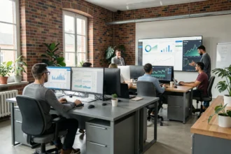Vue d'ensemble d'une agence SEO moderne dans les Hauts-de-France avec des professionnels travaillant sur des tableaux de bord d'analyse digitale