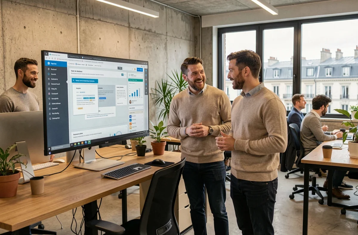 Équipe d'une agence web en Auvergne-Rhône-Alpes collaborant autour d'un écran dans un bureau moderne et ouvert