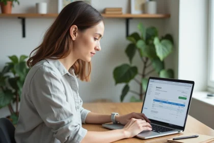 Micro-entrepreneuse créant une facture en ligne sur son ordinateur portable dans un bureau à domicile organisé