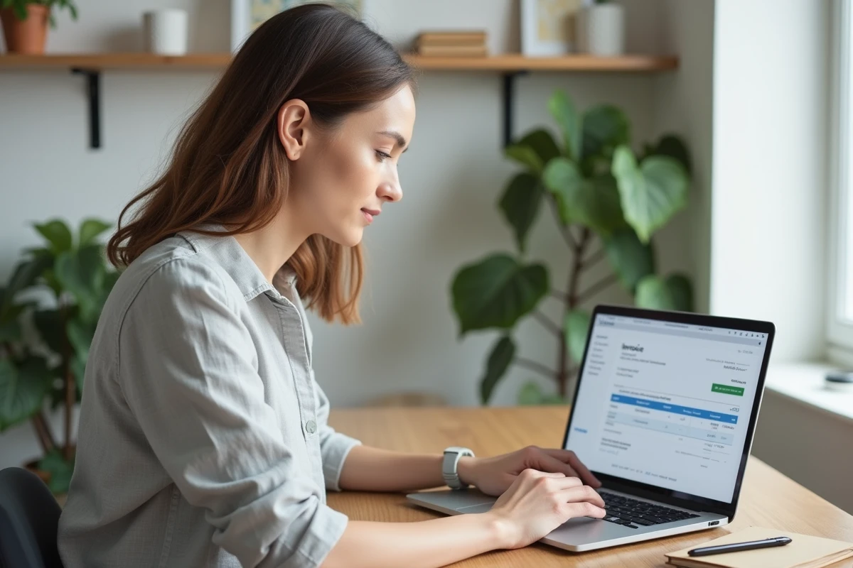 Micro-entrepreneuse créant une facture en ligne sur son ordinateur portable dans un bureau à domicile organisé