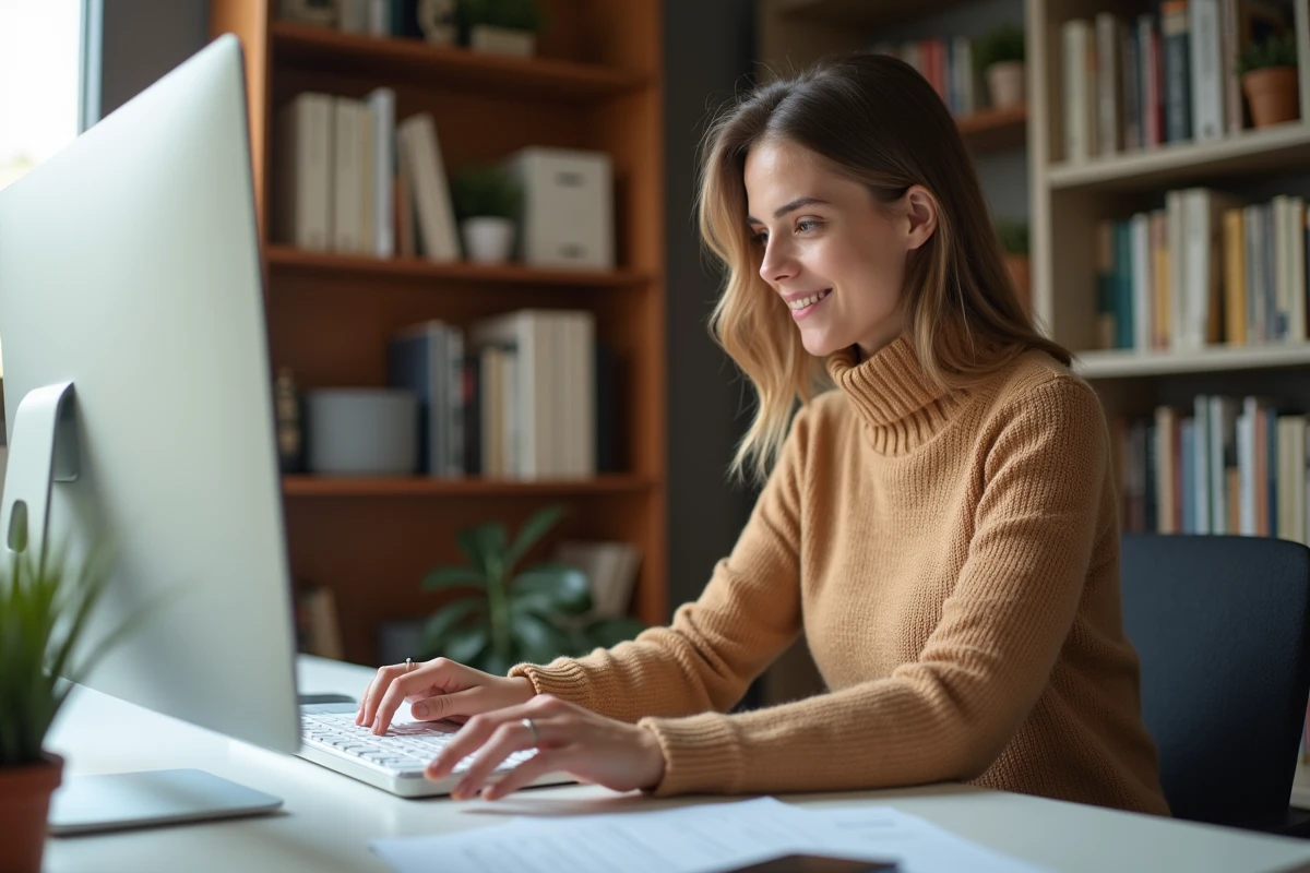Jeune salariée mettant à jour ses informations personnelles sur son espace salarié depuis son bureau à domicile