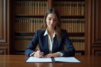 Notaire femme en blazer marine révisant des documents juridiques dans une étude notariale française aux bibliothèques remplies de codes civils