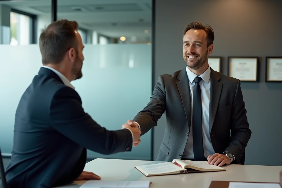Notaire homme en costume charbon concluant un accord avec un client autour d'une table de réunion dans un office notarial parisien moderne