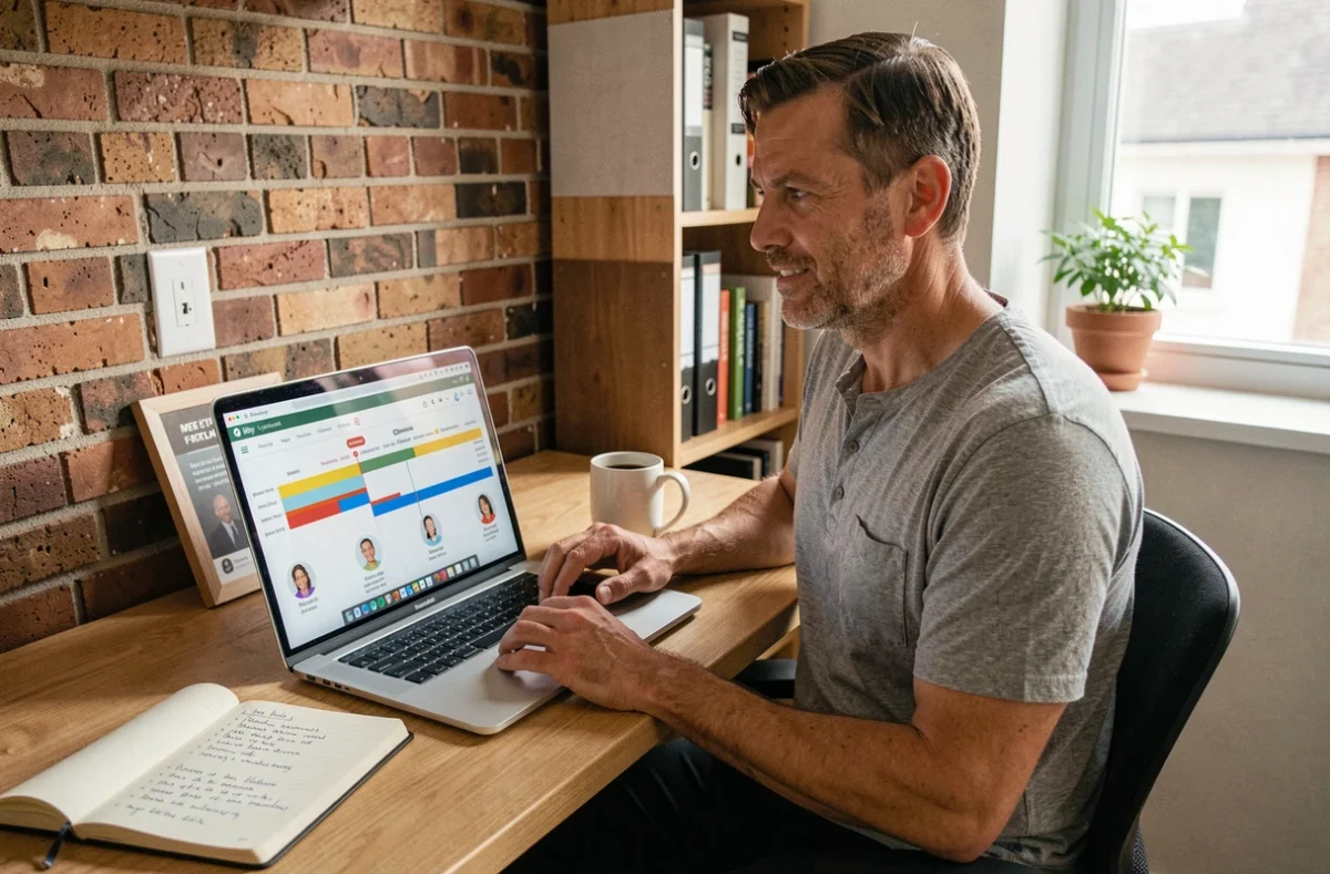 Chef de projet travaillant avec un outil de gestion de tâches Gantt en télétravail dans un bureau à domicile