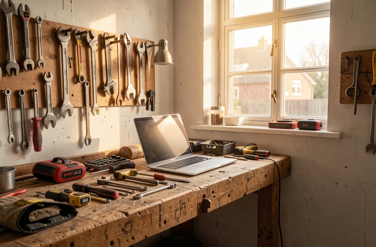 Petit atelier avec outils et ordinateur portable sur un établi