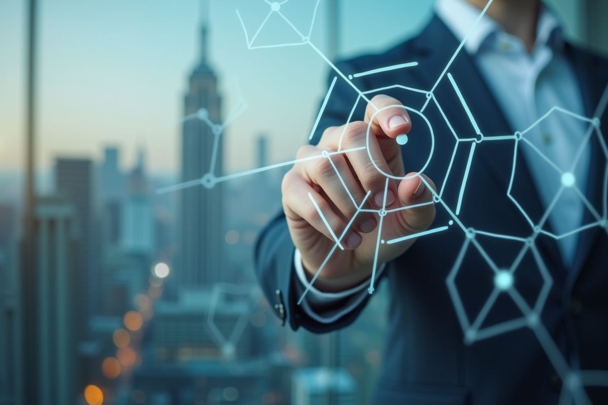 Main dessinant un web de tâches sur un tableau blanc avec vue sur la ville