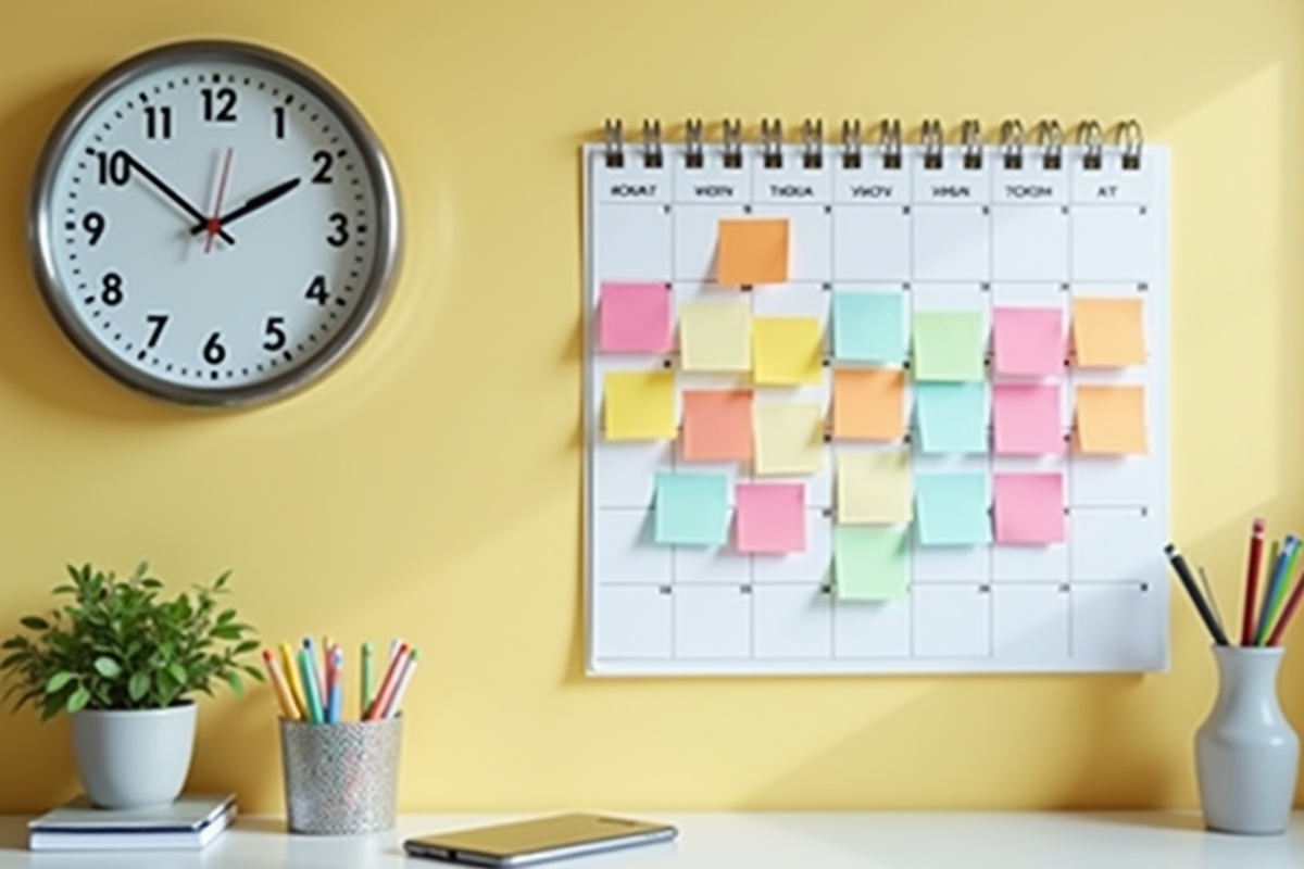 Horloge murale et notes de planning dans un bureau lumineux