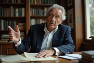 Producteur de cinéma d'auteur en réunion dans son bureau parisien entouré de scénarios et d'affiches de films