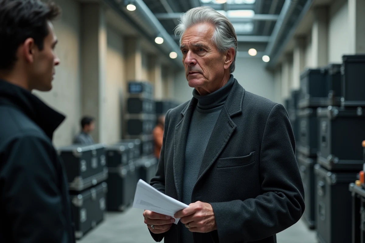 Producteur de films discutant avec un collaborateur dans un couloir de studio de cinéma professionnel