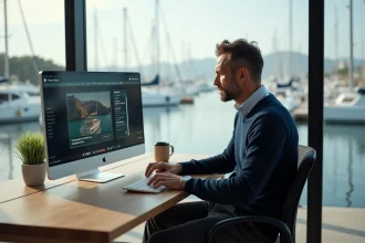 Professionnel du nautisme consultant son tableau de bord business sur ordinateur dans un bureau avec vue sur marina