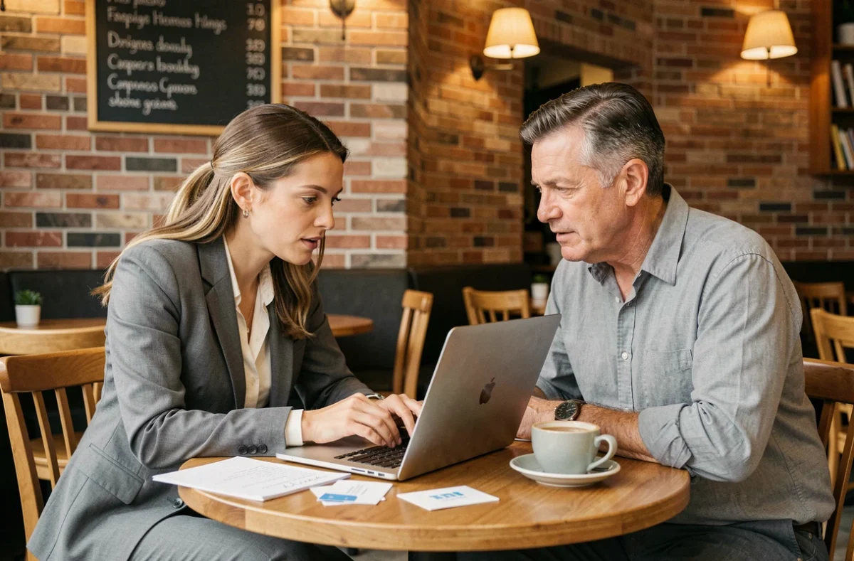 Deux professionnels échangeant des astuces pour tirer le maximum des événements gratuits LesEntreprisesFrenchy autour d'un café