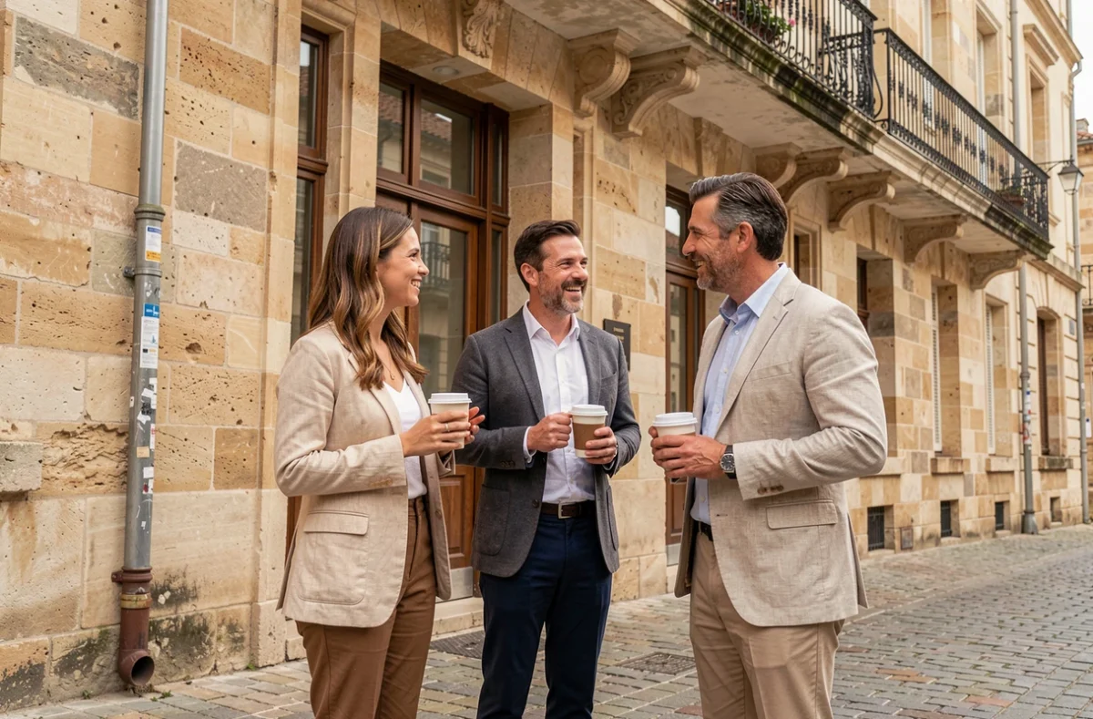 Groupe de professionnels indépendants devant les locaux d'une société de portage salarial à Carcassonne