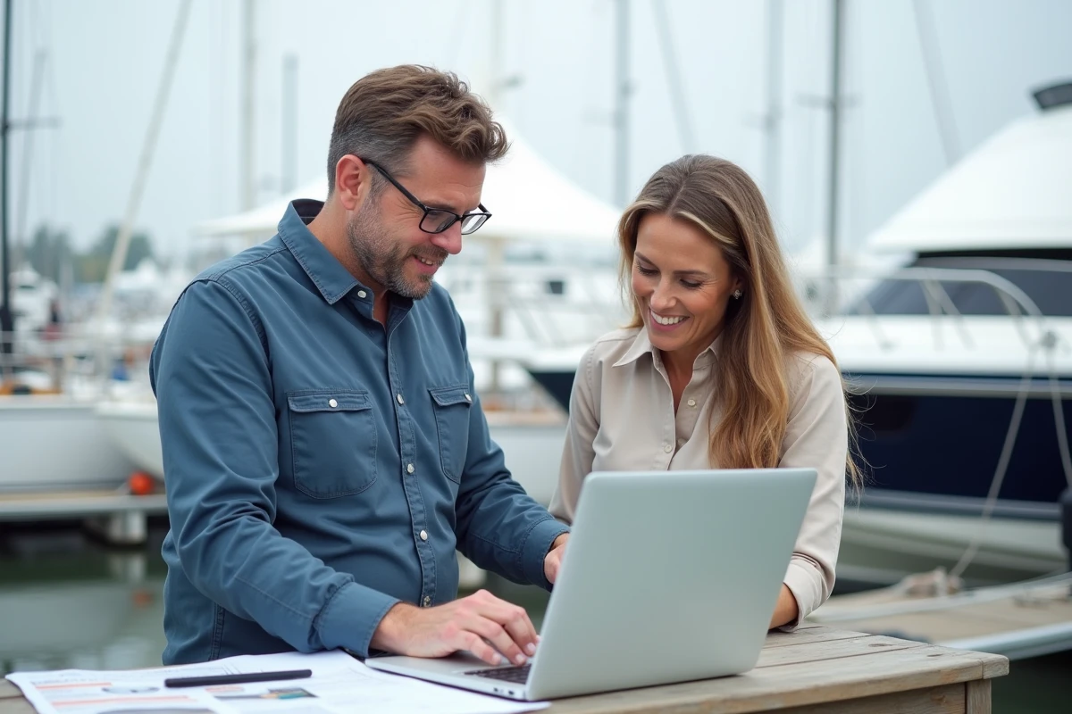 Deux professionnels du nautisme consultant BoatIndustry sur ordinateur portable lors d'un salon nautique professionnel