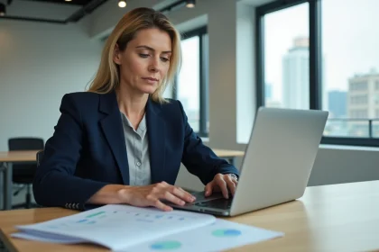 Professionnelle en blazer marine consultant le répertoire Sirene sur ordinateur portable dans un bureau moderne pour une prospection B2B