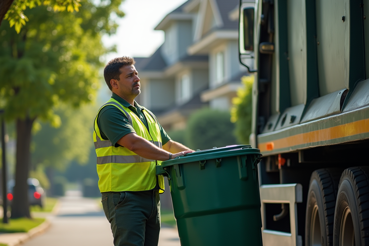 Éboueur soulevant une poubelle dans un quartier résidentiel