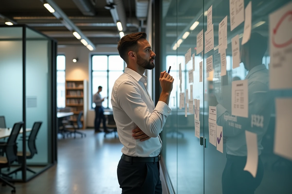 Recruteur data debout devant un tableau de candidatures dans un espace de coworking parisien