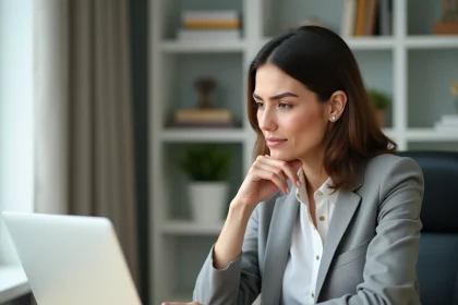Femme en bureau à domicile cherchant à récupérer son mot de passe sur une plateforme de bulletins de salaire en ligne