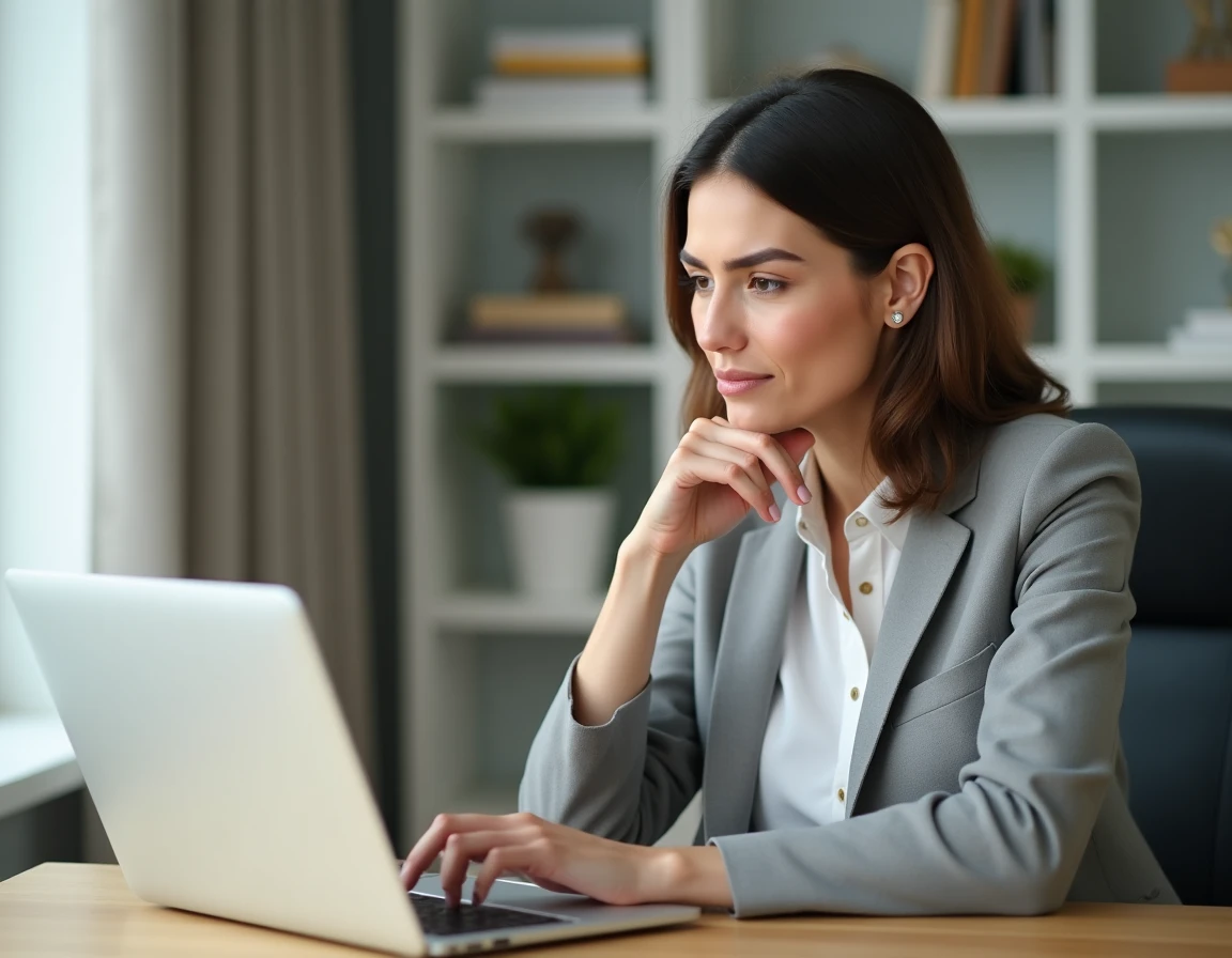 Femme en bureau à domicile cherchant à récupérer son mot de passe sur une plateforme de bulletins de salaire en ligne
