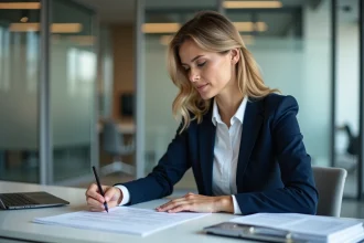Femme professionnelle rédigeant une note de service dans un bureau moderne