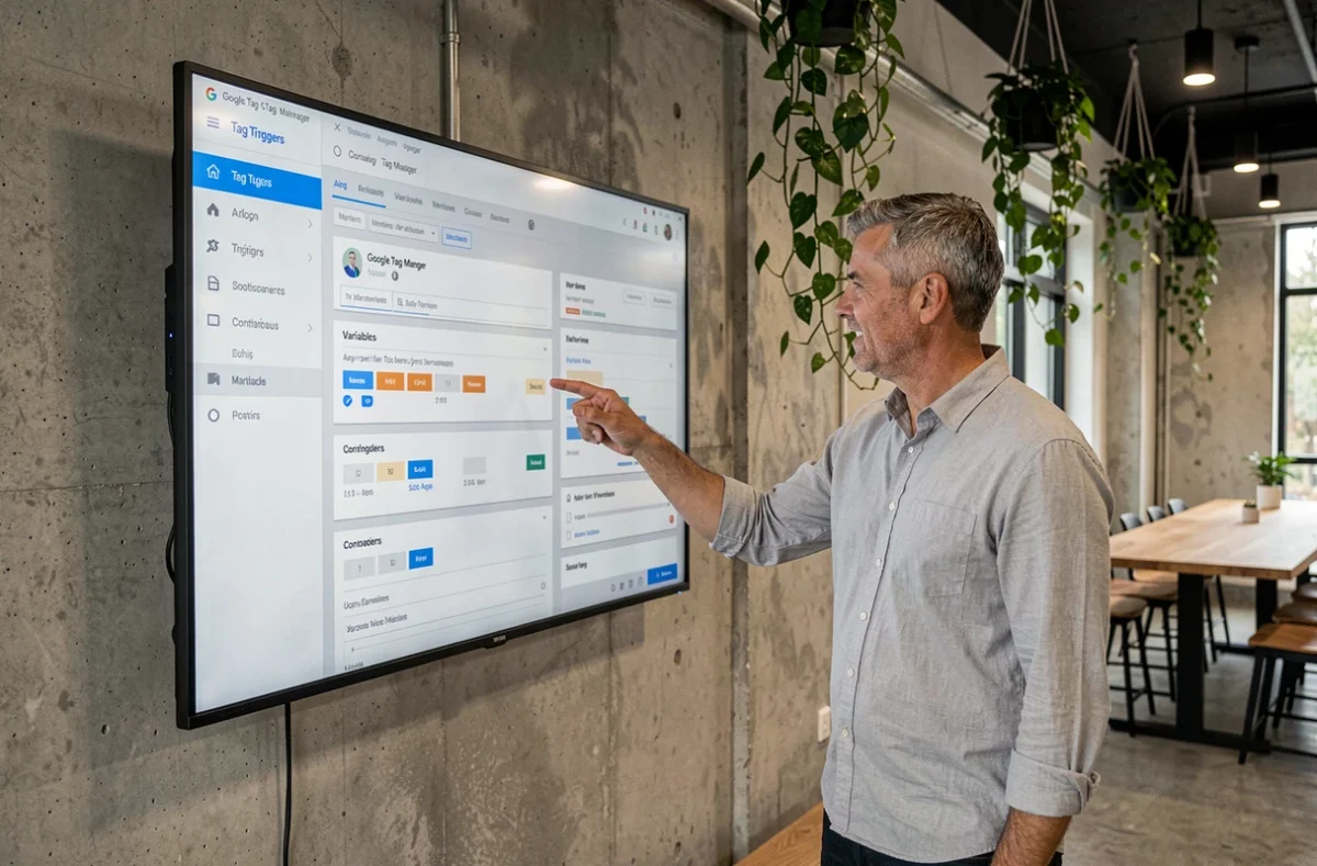Homme présentant les réglages GTM sur un écran mural dans un espace de coworking