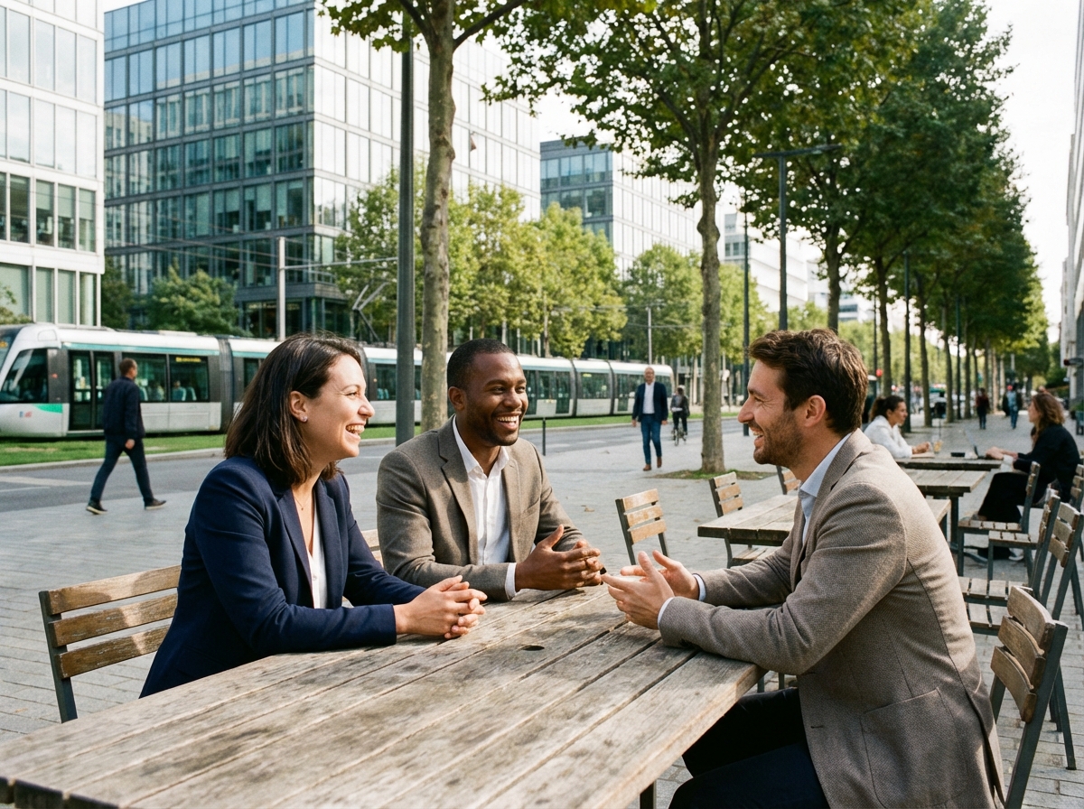 Groupe de professionnels discutant en terrasse &agrave; Nanterre