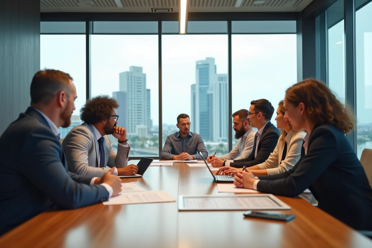 Equipe de professionnels en réunion dans un bureau moderne floridien