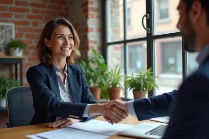 Réunion professionnelle entre une entrepreneuse et un chef d'entreprise local pour soutenir l'emploi territorial