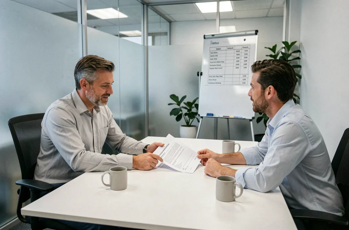 Freelance en réunion avec un conseiller pour comprendre les frais de gestion d'une société de portage salarial