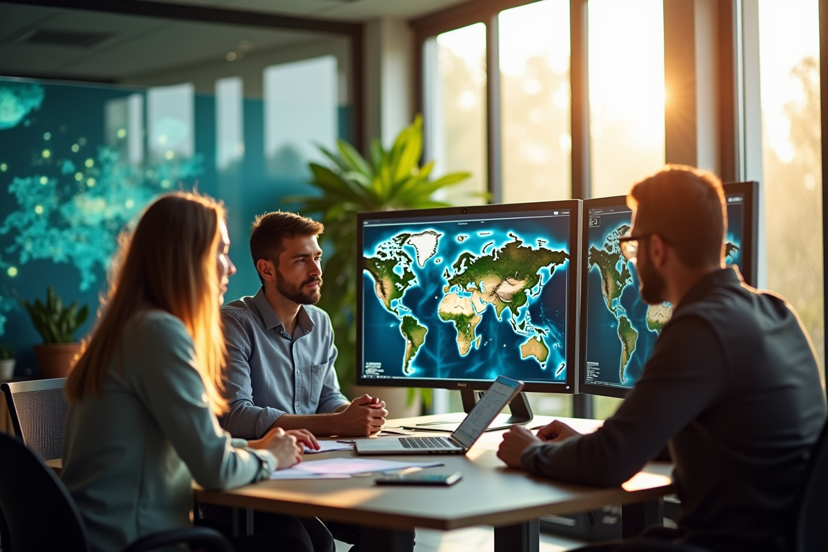 Réunion de gestionnaires analysant des images satellites et données durables