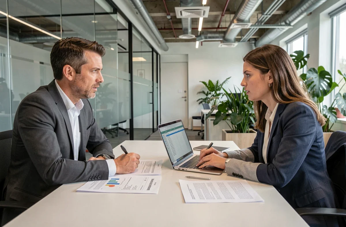 Deux professionnels du e-commerce discutant de l'opportunité d'utiliser Conversant Affiliate autour d'un rapport marketing