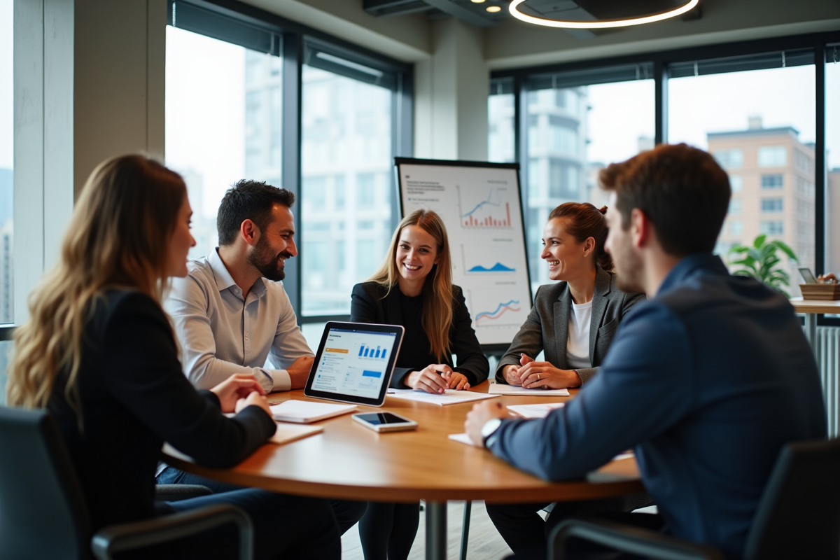 Groupe de jeunes professionnels en réunion collaborative dans un espace ouvert