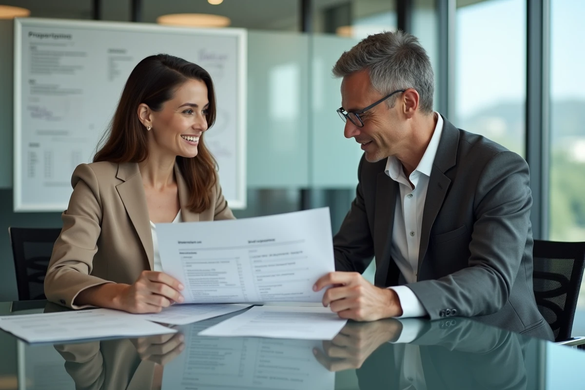Deux professionnels en réunion analysant une liste de prospects issus du répertoire Sirene pour une campagne de prospection commerciale B2B