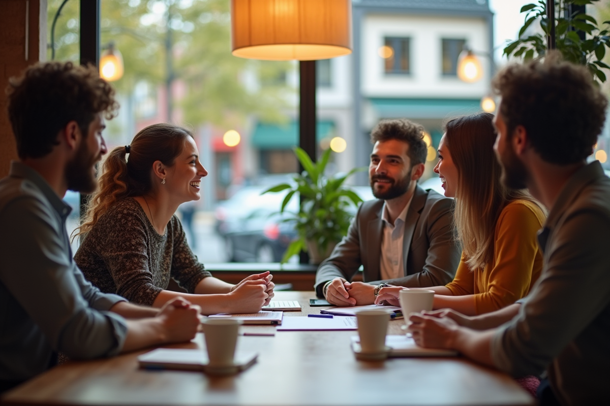 Groupe de petits entrepreneurs discute autour d un café