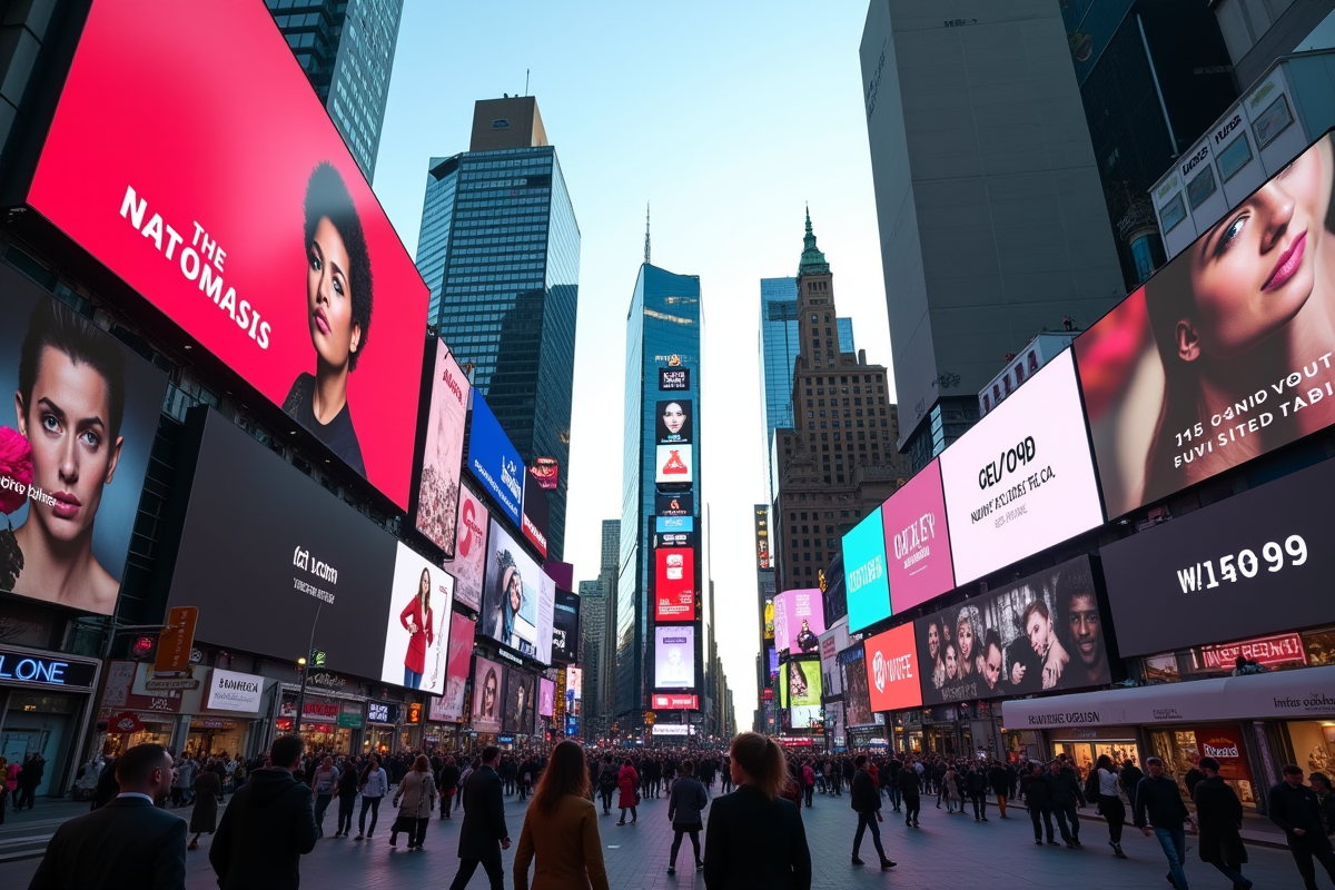 Rue animée avec panneaux publicitaires colorés et piétons