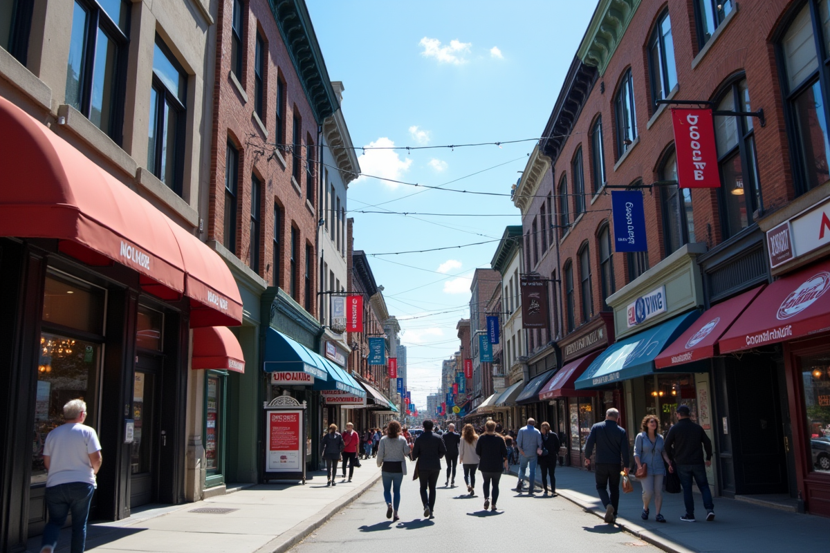 Scène de rue à Montreal avec enseignes en français et piétons divers