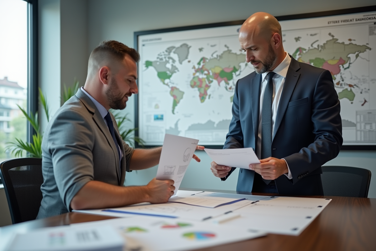 Réunion entre un propriétaire et un inspecteur en ville dans un bureau lumineux