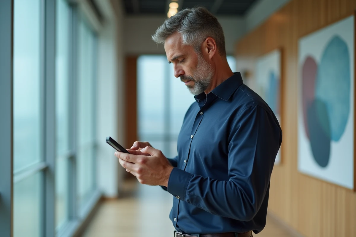 Salarié consultant et signant un document RH sur son smartphone dans un couloir de bureau