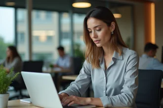 Salariée consultant son bulletin de paie en ligne sur un ordinateur portable dans un bureau moderne
