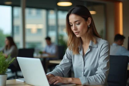 Salariée consultant son bulletin de paie en ligne sur un ordinateur portable dans un bureau moderne