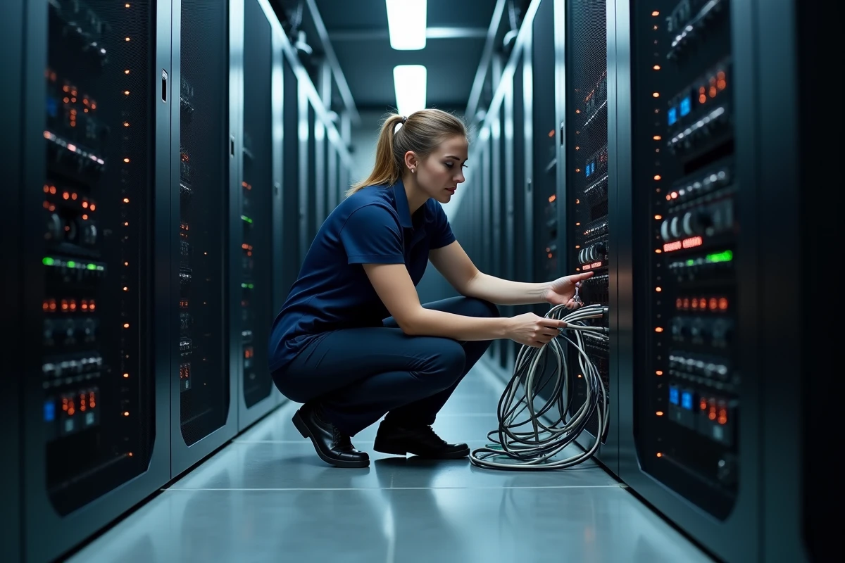 Technicienne informatique inspectant des serveurs dans une salle de datacenter représentant les risques technologiques pour la continuité d'activité