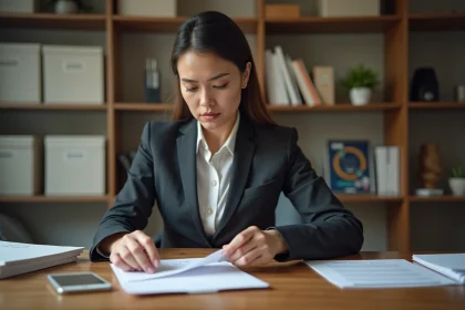 Femme d'affaires scelle des documents confidentiels dans une enveloppe