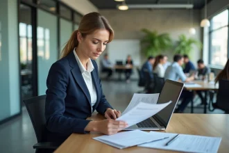 Femme professionnelle travaillant dans un espace de bureau moderne, illustrant le secteur tertiaire et les services
