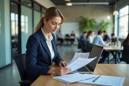 Femme professionnelle travaillant dans un espace de bureau moderne, illustrant le secteur tertiaire et les services
