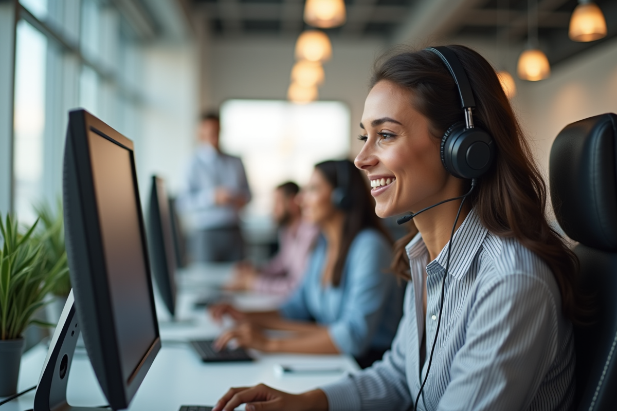 Représentant service client parlant au casque dans un espace de travail