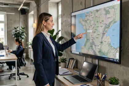 Dirigeante de startup pointant une carte des territoires français dans un bureau moderne, illustrant les opportunités d'implantation pour les entreprises en hypercroissance