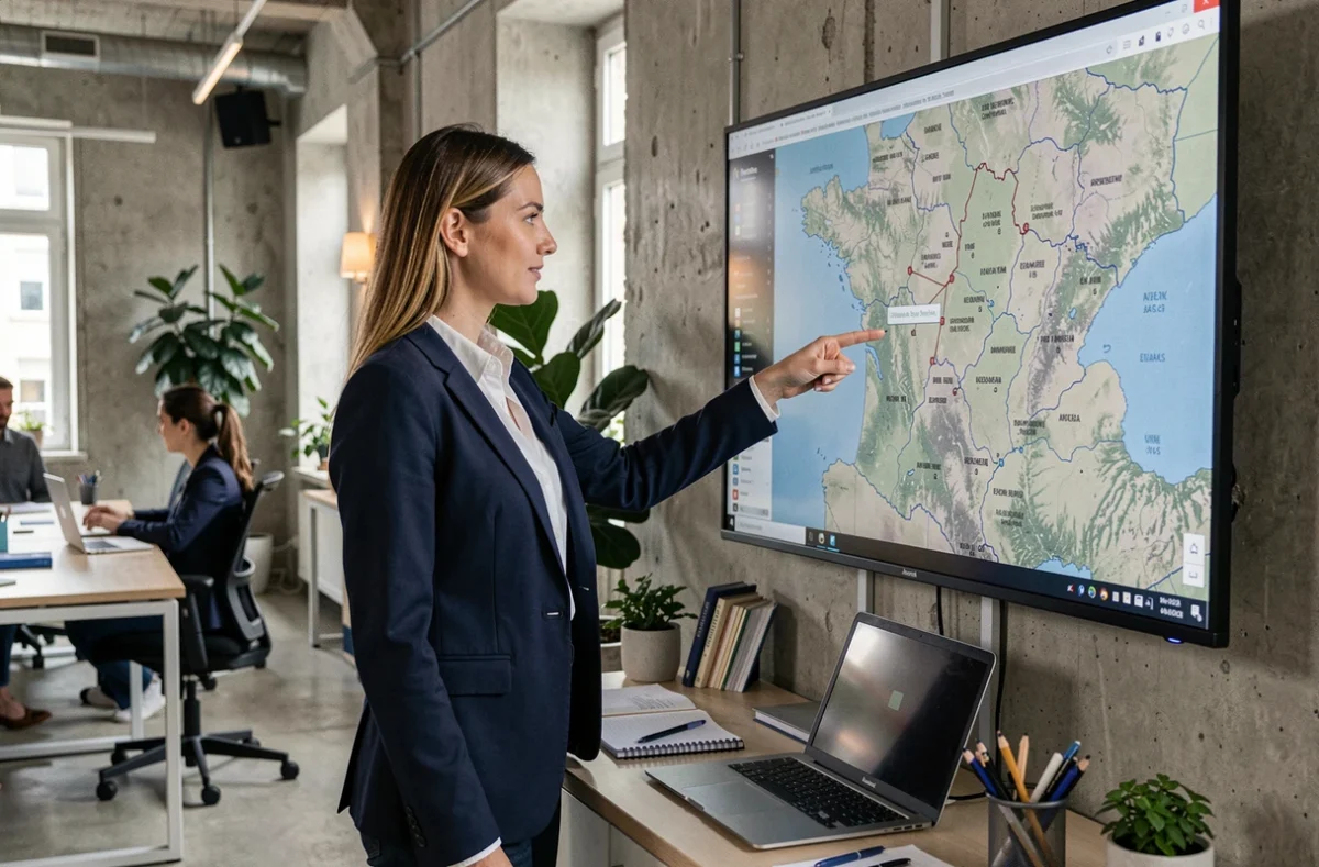 Dirigeante de startup pointant une carte des territoires français dans un bureau moderne, illustrant les opportunités d'implantation pour les entreprises en hypercroissance