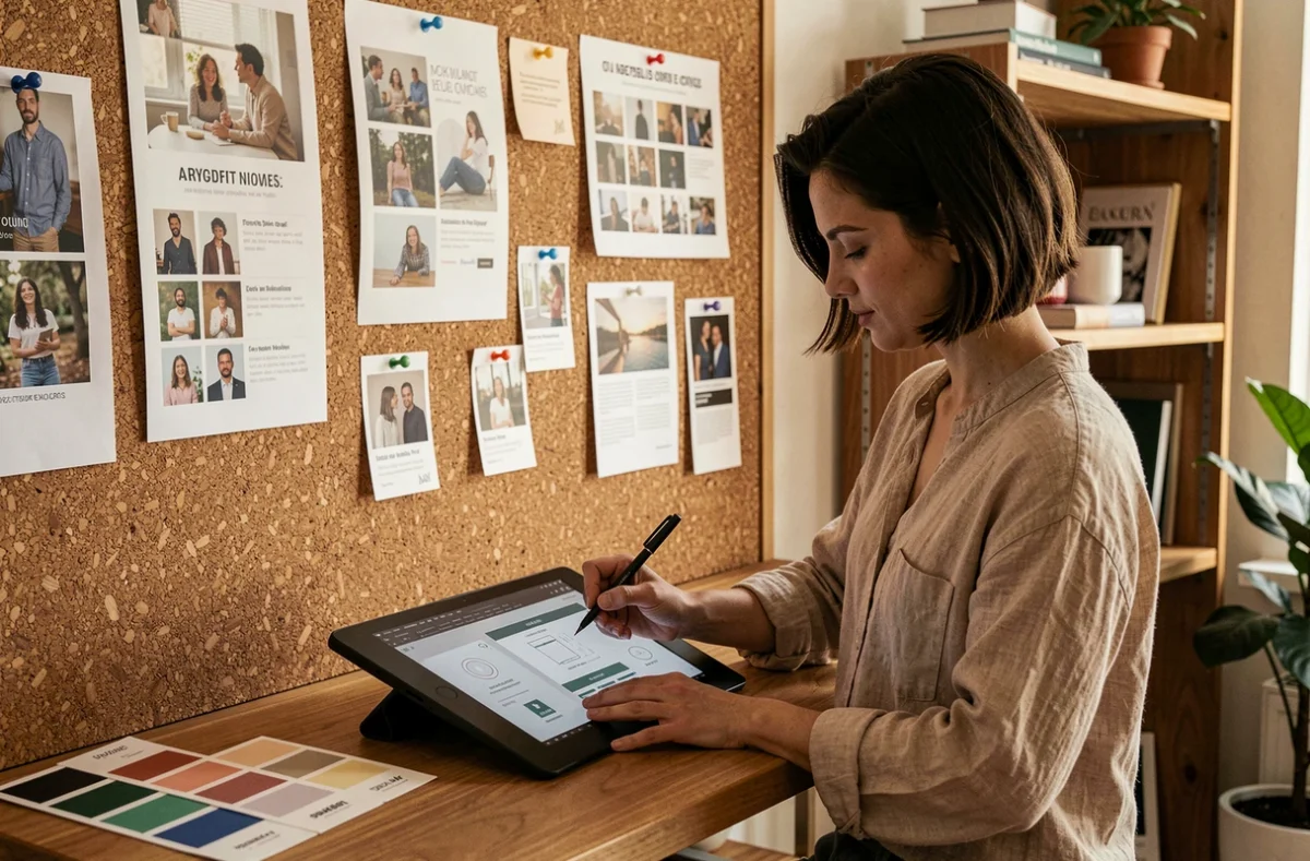 Designer de Studio Ancalime travaillant sur des concepts publicitaires Google Ads dans un studio créatif artistique